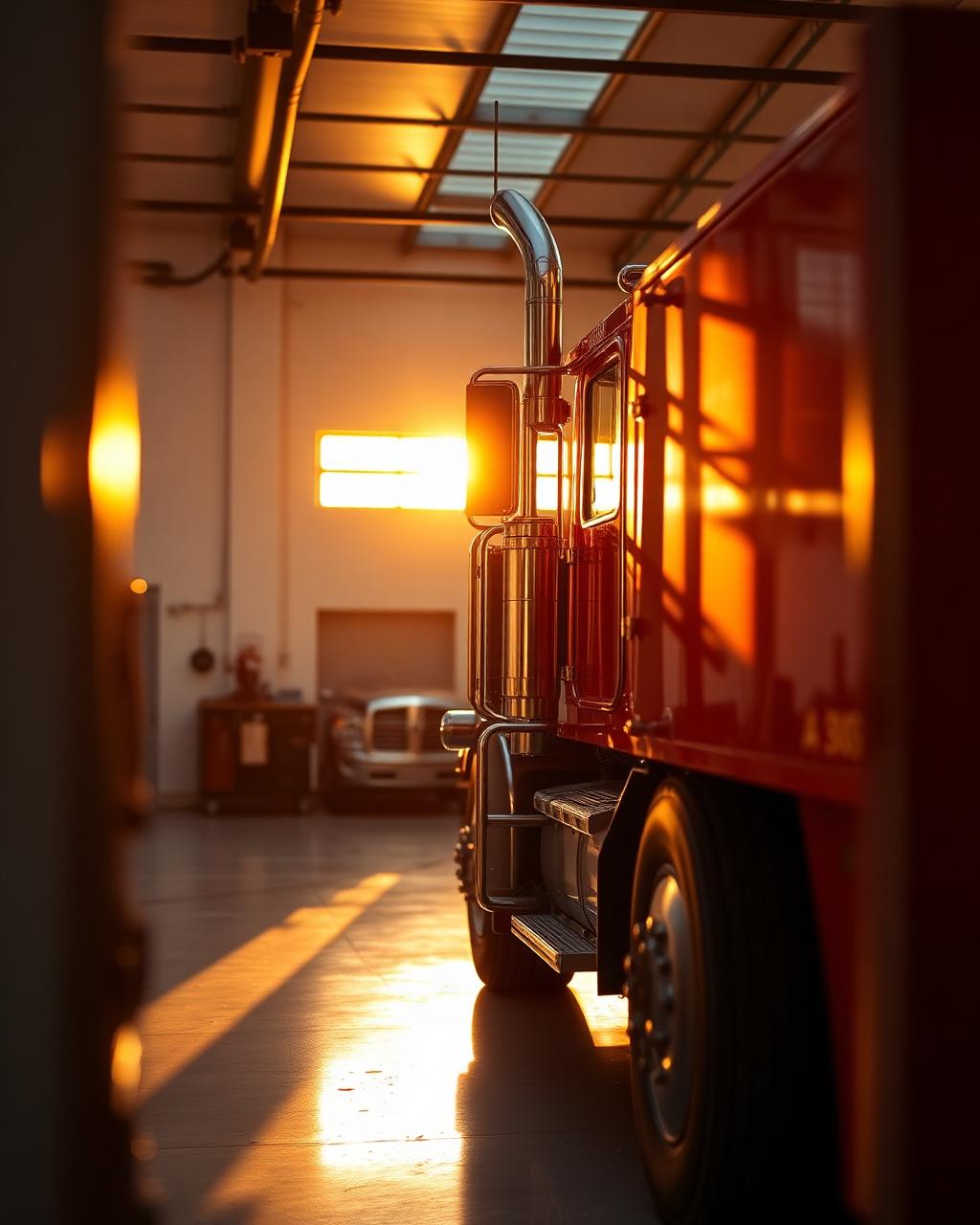 Caminhão pesado em oficina profissional com luz de fim de tarde